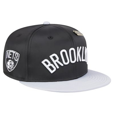  Brooklyn Nets New Era Throwback Satin Vintage Pin Two-Tone 59FIFTY Fitted Hat - Black/Gray